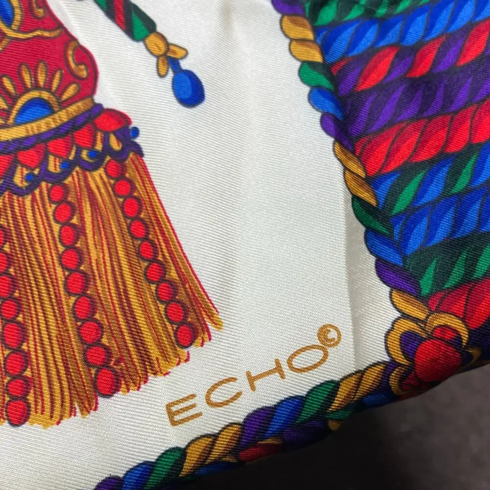 ECHO Vintage Tassel Tie Multicolor Silk Scarf 34.75” Square
